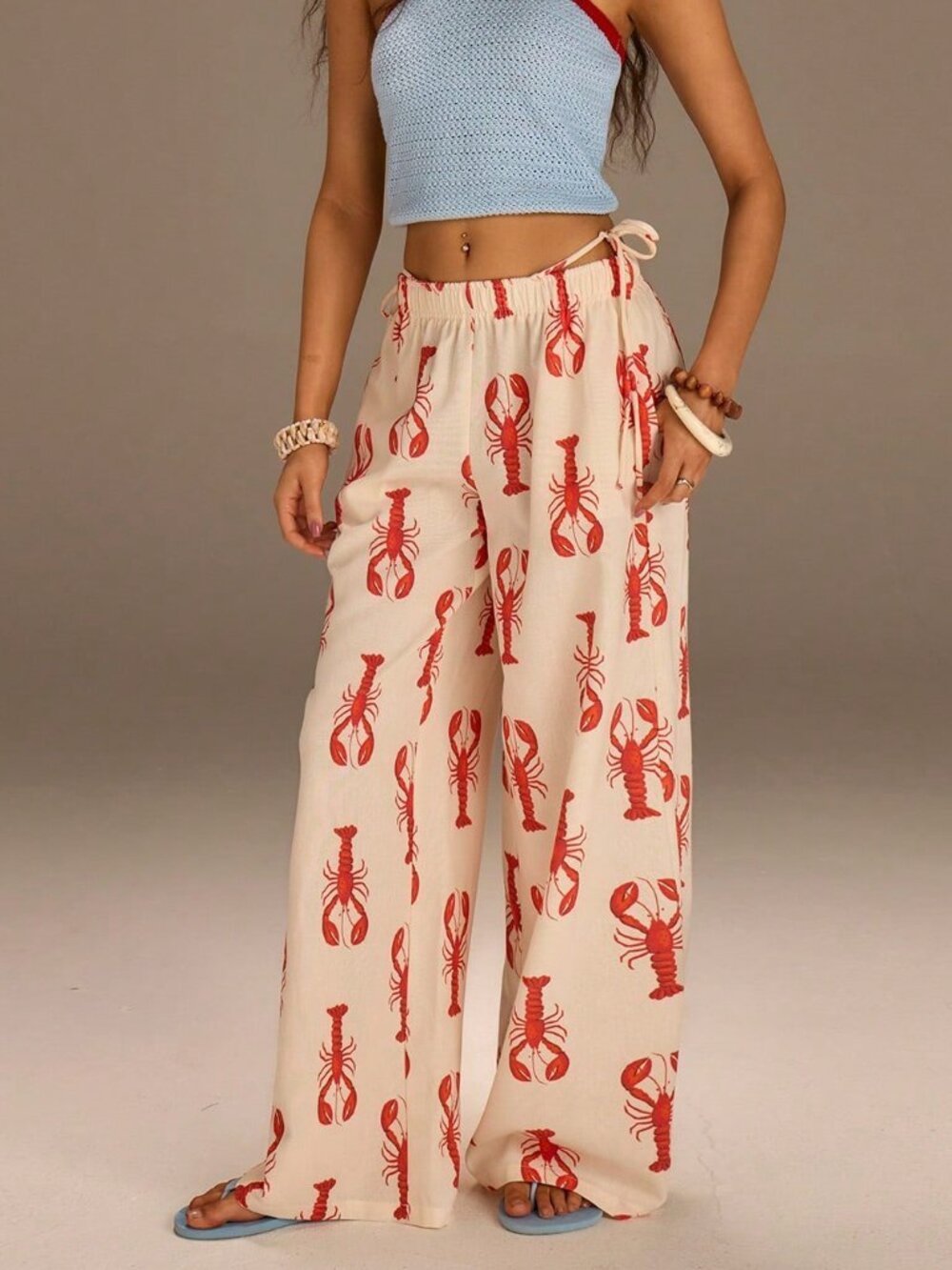 Multicolor Casual Women's Elastic Waist Lobster Print Wide Leg Loose Pants